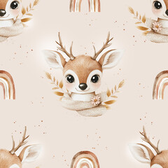 Seamless pattern with deer and rainbow in boho style, Kids wallpaper.