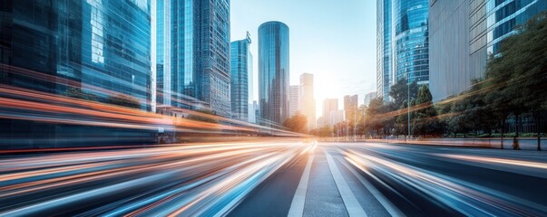 Fototapeta premium City highway sunrise, speeding traffic, skyscrapers, urban transport
