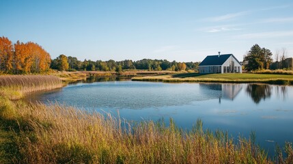 Fototapeta premium Lakeside modern home autumn landscape; peaceful pond, fall foliage