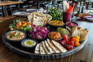 Obraz premium Flat lay of Mediterranean mezze platter, featuring colorful dips, fresh pita, and vibrant garnishes, rustic table backdrop