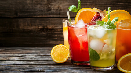 Fototapeta premium Colorful summer cocktails with fresh orange lemon and mint garnishes served on a rustic wooden table Refreshing alcoholic and non alcoholic beverage drinks for a happy hour