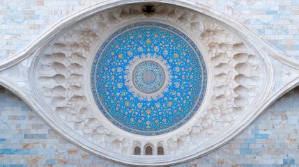 Eye-shaped mosaic detail, ornate building facade, city background