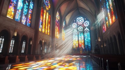 Obraz premium Illuminate vibrant stained glass windows showcasing large-scale trinity and spiral knots in church interiors with colorful light