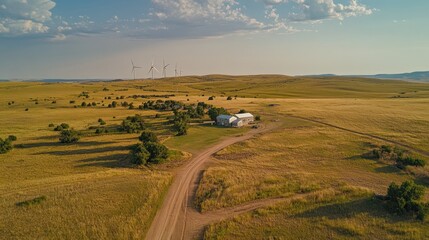 Obraz premium Rural Farm Aerial, Wind Turbines, Plains, Sunset, Agriculture