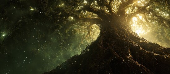 Obraz premium Ancient tree roots, mystical forest, starlight background, fantasy art