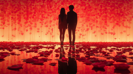 Magical Valentine's Day Setting: Silhouette of a Couple in Love with Radiant Rose Petals