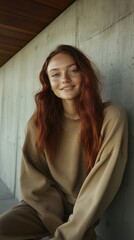 Fototapeta premium Young woman with long red hair smiling casually, dressed in a cozy sweater against a modern concrete wall backdrop