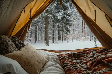 Cozy tent interior with soft bedding and pillows, offering warmth and comfort amidst a snowy forest view
