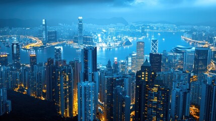 Night cityscape, Hong Kong harbor, twilight, skyscrapers, aerial view, promotional