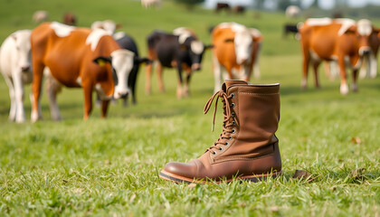 Brown boots placed on a green field with cows grazing in the background showcasing farm life and outdoor footwear