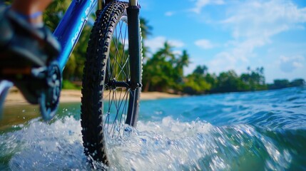 Fototapeta premium Bicycling Through Water on Tropical Beach with Clear Blue Sky