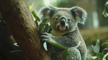Fototapeta premium A serene 4K image of a koala bear calmly sitting on a tree branch, munching on leaves in its natural habitat, perfect for wildlife enthusiasts and nature lovers.