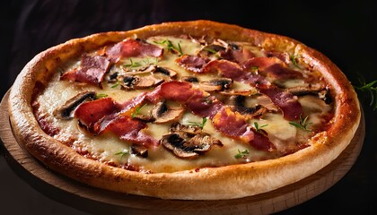 A pizza with crispy bacon and fresh mushrooms 