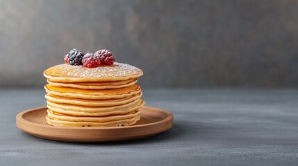 Fluffy golden pancakes stacked high and topped with fresh berries ready to be enjoyed for breakfast or brunch
