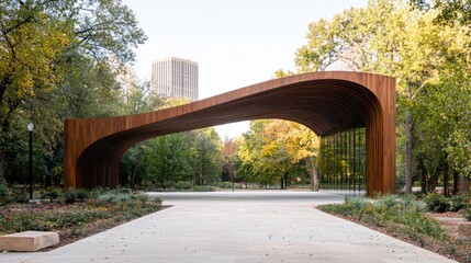 Modern wooden park pavilion, city view, autumn