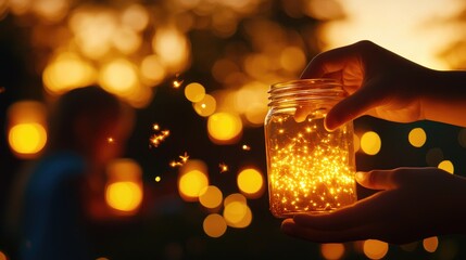 Hands Holding Jar with Sparkling Lights at Sunset in Nature Landscape