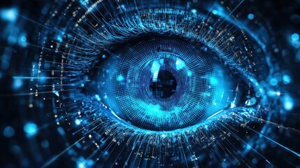 Digital eye scanning data streams, futuristic tech background, cybersecurity