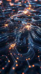 Futuristic AI networks represented as glowing nodes and connecting lines.