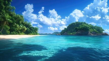 Serene Tropical Beach with Clear Waters and Lush Greenery Under Sky