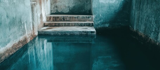 Stone steps lead to deep teal water in old cellar