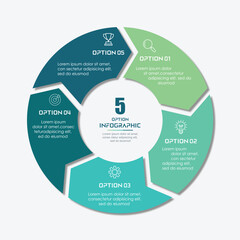 Fototapeta premium Business infographics. Chart with 5 steps, labels, options, circles. Vector infographic elements, circle chart infographic template