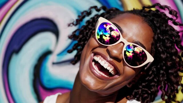 potrait of cheerful young woman laughing with sunglasses against colourful background