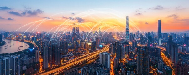 Fototapeta premium Sunset Cityscape Network Connections over Urban Skyline