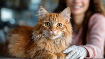 Fototapeta premium Young, beautiful cat mom pets and holds the kitten to soothe it down