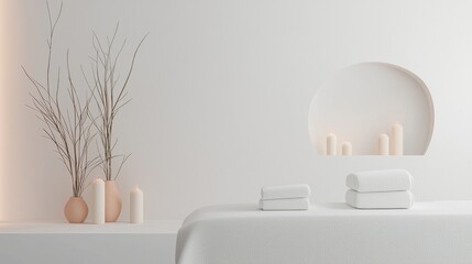 Tranquil spa scene with towels, candles, and minimalist decor accents