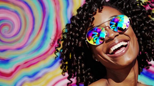 potrait of cheerful young woman laughing with sunglasses against colourful background