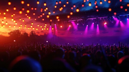 Vibrant Music Festival Scene with Colorful Lights and Crowded Audience