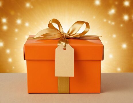 A beautifully wrapped orange gift box with a golden ribbon against a sparkling golden background.