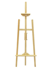 A wooden easel with a wooden stand. The stand is brown and has a white background
