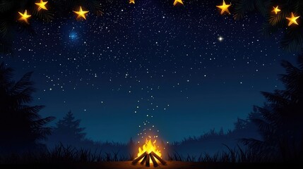 Fototapeta premium Cozy Campfire Under Starry Sky with Pine Trees at Night