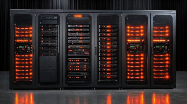 High-tech server room with illuminated racks showcasing advanced data processing technology