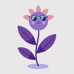 Stylized Purple Plant with Cartoon Flower and Sunglasses in Minimalist Floral Design