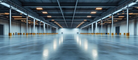 Fototapeta premium Empty warehouse interior, bright lighting, polished floor, industrial design, logistics