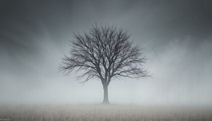 Bare tree in a foggy field, mysterious mood, atmospheric nature against a blurred background