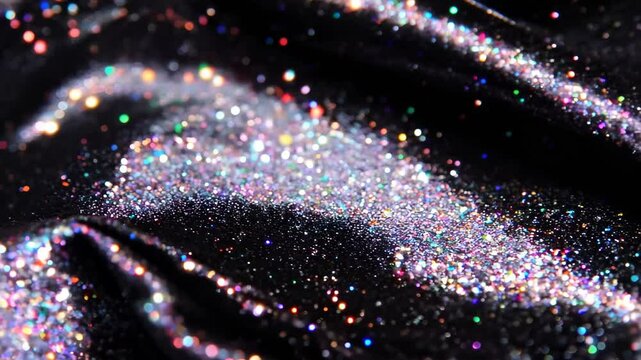 Shimmering glitter waves flow across black surface creating magical effect