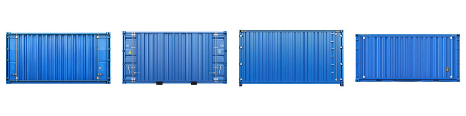 Blue cargo container isolated on transparent background, PNG, Set of