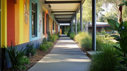 Obraz premium Colorful school corridor, sunny day, landscaped pathway, tranquil background, education