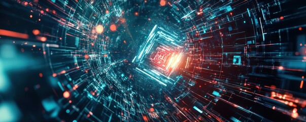 Digital data stream tunnel, glowing core, futuristic background, tech concept