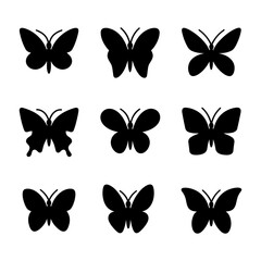 Nine Black Butterfly Silhouettes on White Background