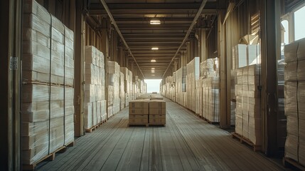 Warehouse aisle, cardboard boxes stacked, shipping, logistics, industrial interior, sunlight