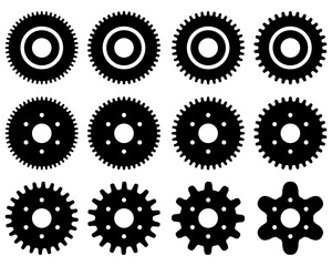 Set of machine  gear wheels icons, black isolated silhouettes 