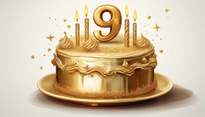 Illustration of decorated gold cake for birthday or anniversary party. Number 9, ninth birthday celebration