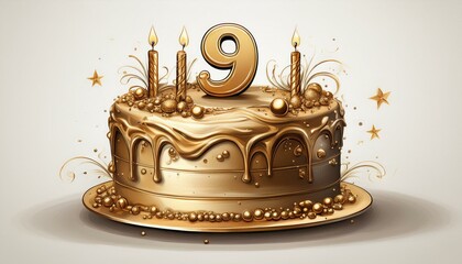 Illustration of decorated gold cake for birthday or anniversary party. Number 9, ninth birthday celebration