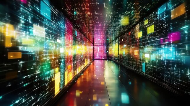 Colorful data streams flow in digital server room