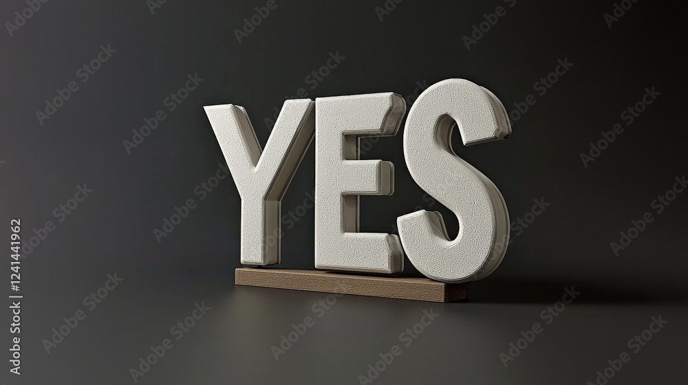 Poster three-dimensional white text saying yes on black background in high resolution emphasizes positivity