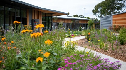 Tranquil garden path, modern buildings, sunny day, therapeutic setting, healthcare brochure
